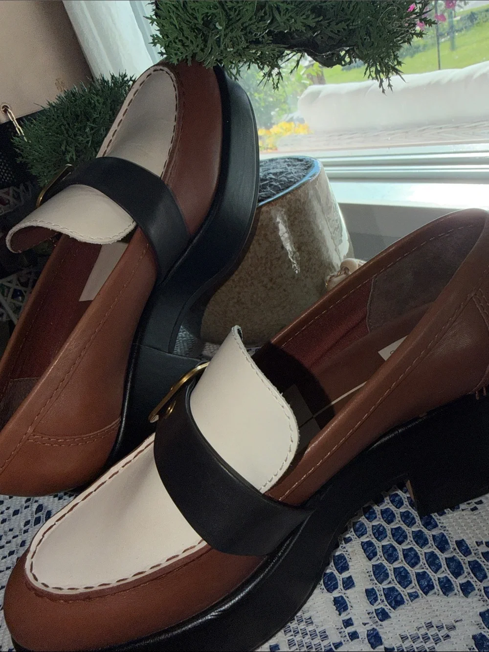 Dolce Vita White, Brown and Black Leather Buckle Loafers